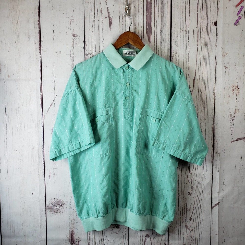 CC Sport 1980's Vintage Shirt Mens Size Large Pullover Short Sleeve Green